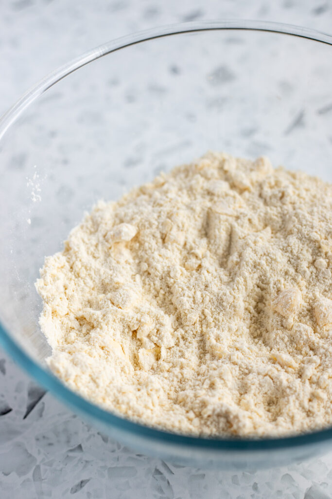 Flour mixture in a mixing bowl with visible pea-sized pieces of cold butter evenly distributed throughout.