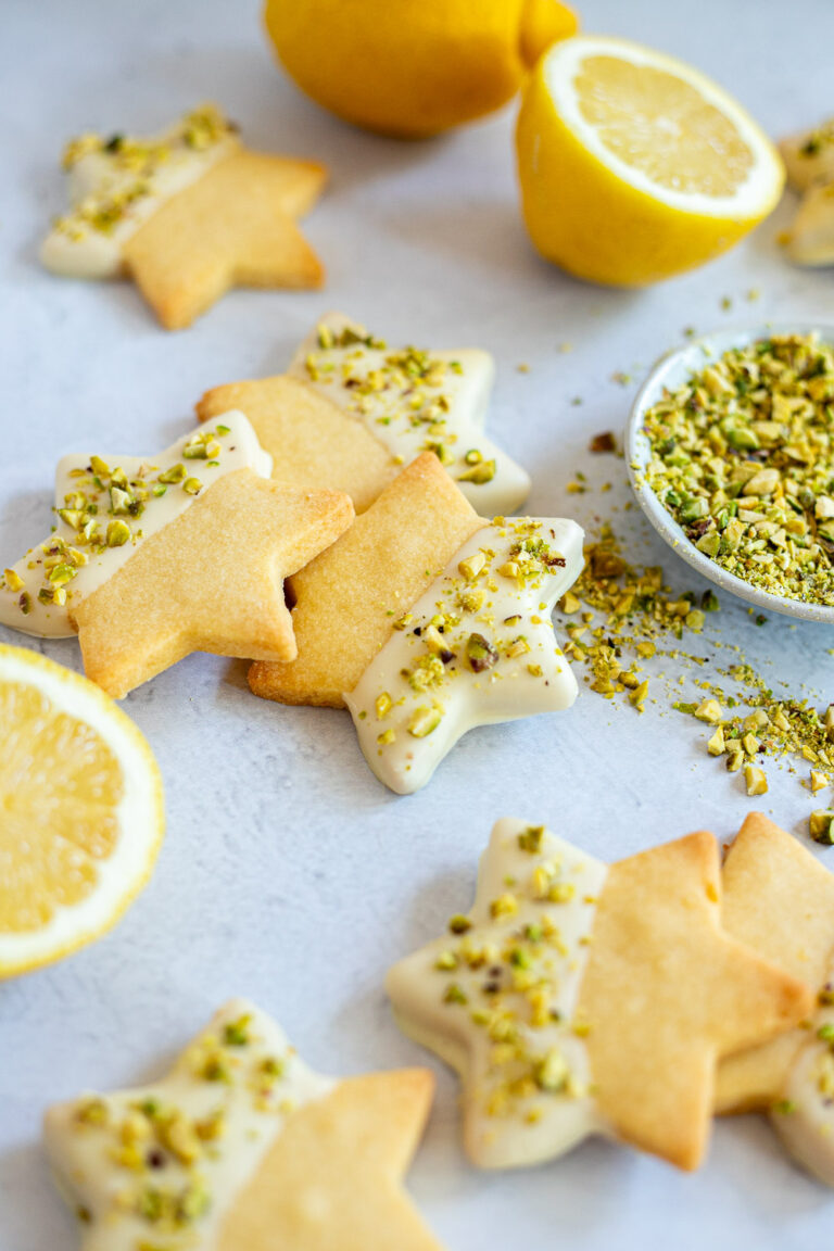Lemon Shortbread Cookies with White Chocolate and Pistachios