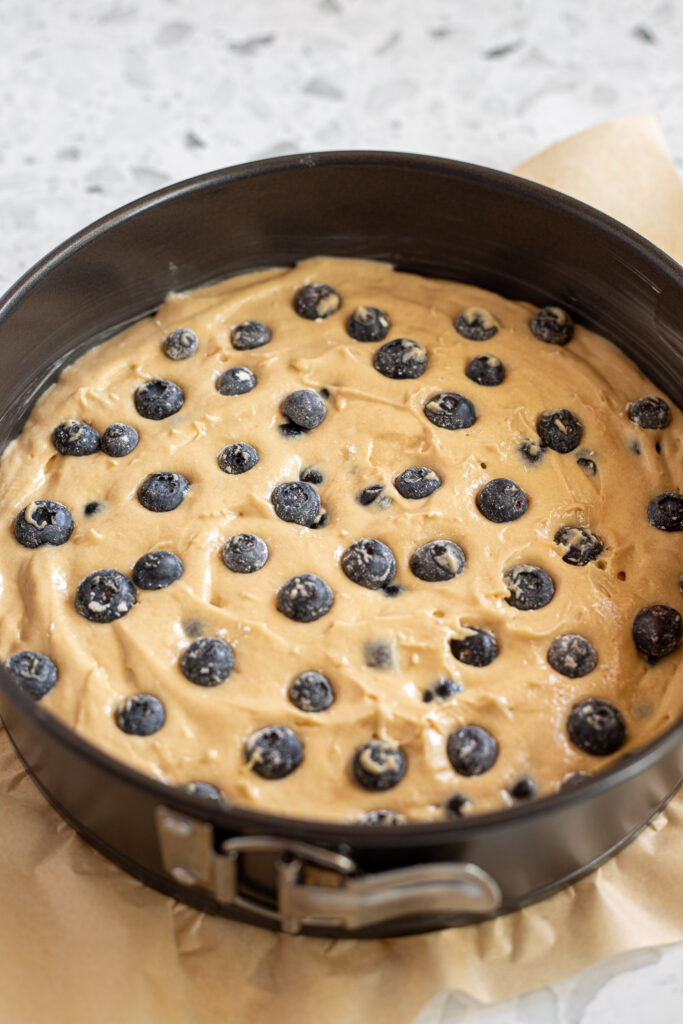 Blueberry coffee cake batter in cake tin with more fresh blueberries scattered on top