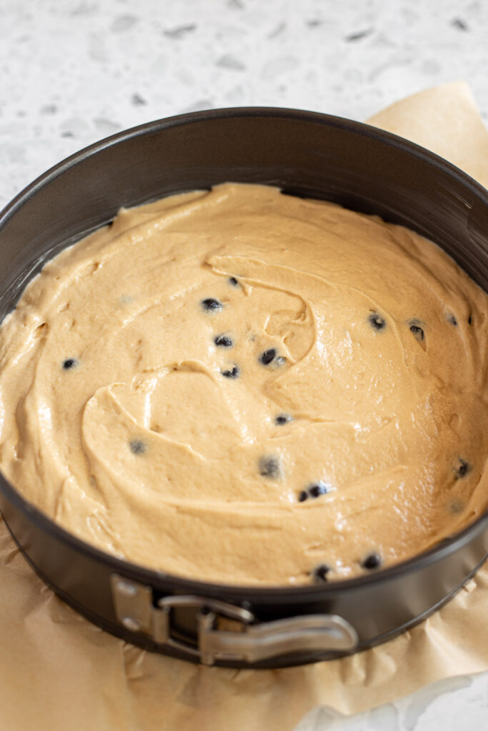 Blueberry coffee cake batter in lined springform pan
