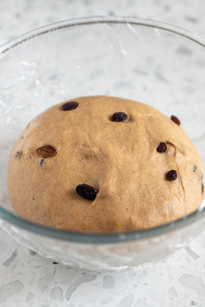 Hot cross bun dough after first rise, doubled in size