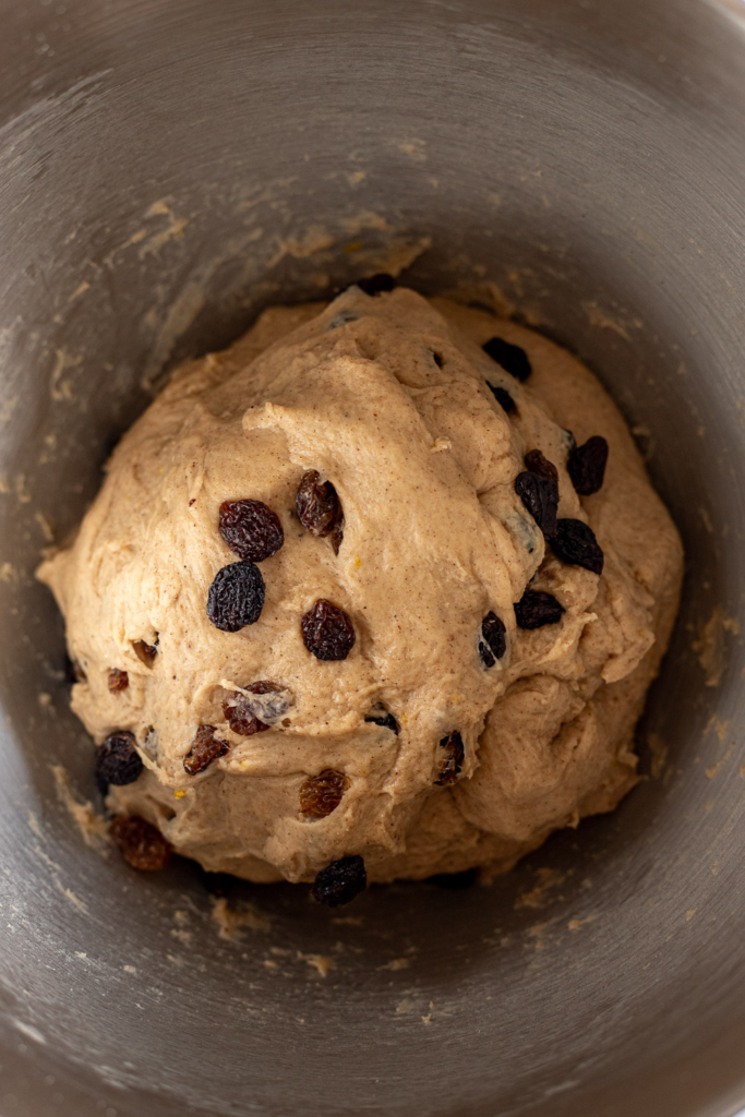 Smooth, elastic hot cross bun dough in a bowl after kneading
