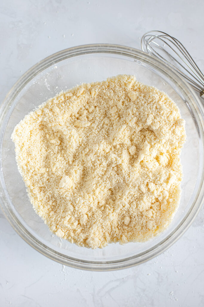 Ideal final texture of pea-sized pieces and finer crumbs.