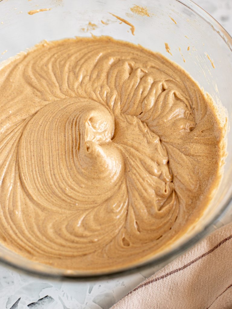 Close-up of brown sugar chai cake batter with a smooth, thick consistency.